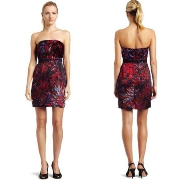 NEW BCBGeneration Beaded Strapless Mini Cocktail Dress size 12 Rouge Satin - Picture 1 of 15
